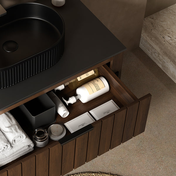 English Elm ZENO Black Ceramic Basin Vanity with Sintered Stone Top, Soft-Close Drawer, Open Shelf, 39.4" W2615S00067