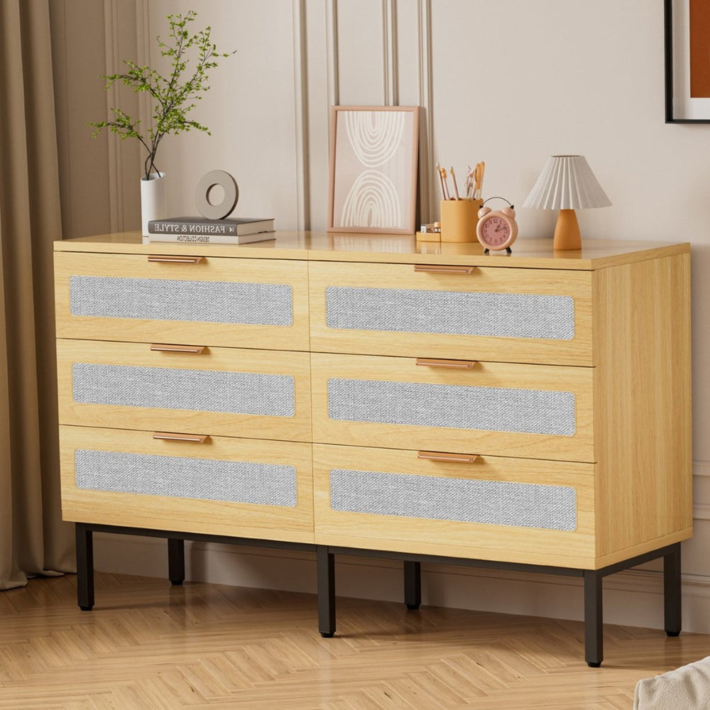 English Elm 6 Drawer Oak Dresser with Linen Fronts and Metal Legs for Modern Bedroom Storage T3773P422847