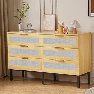 English Elm 6 Drawer Oak Dresser with Linen Fronts and Metal Legs for Modern Bedroom Storage T3773P422847