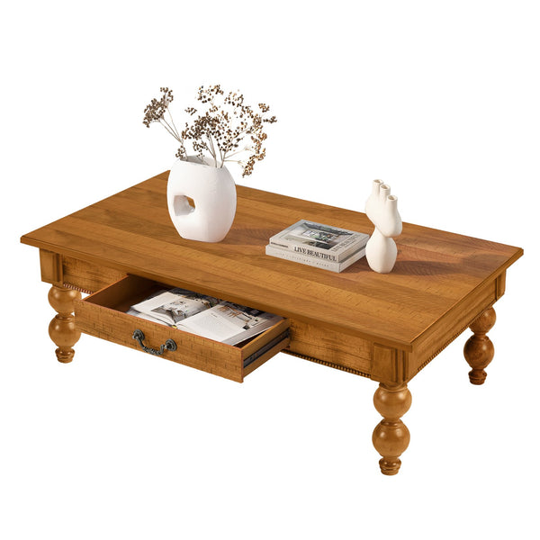 English Elm Rectangular Rustic Wooden Coffee Table with Storage Drawer, Solid Rubberwood Gourd Legs, 47" Luyo Natural W1202P317453