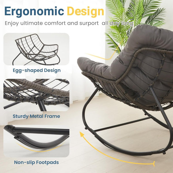 English Elm Dark Wicker Egg Rocking Chair with Ottoman Outdoor Pe Woven Patio Lounge Set Gray B082P455170