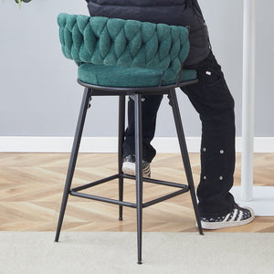 English Elm Two retro green bar stools with 360° rotation, breathable cotton-linen cushions, sturdy 300lb steel frame W2920P281917