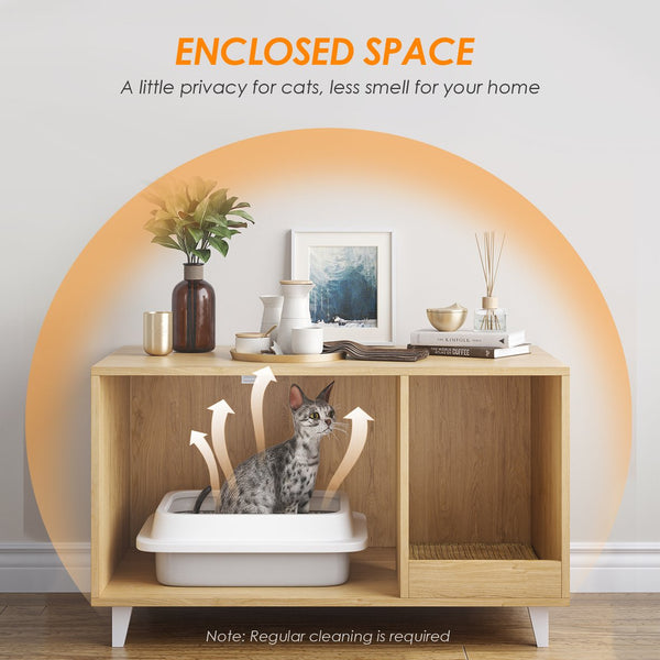 English Elm STARY Hidden Cat Litter Box Enclosure Furniture with Scratch Pad, Odor-Control, Sturdy 120LB Load Natural T3623P339385