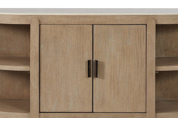 English Elm Curved Taupe+Natural 2-Door Console Table with Marble Top, Toffee Wood Finish, Open Shelves, Storage B2699P323083