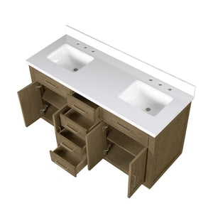 English Elm Grey Oak Double Bath Vanity 60" W X 22" D With Elegant White Quartz Top And Ample Storage Solutions B2731P257745