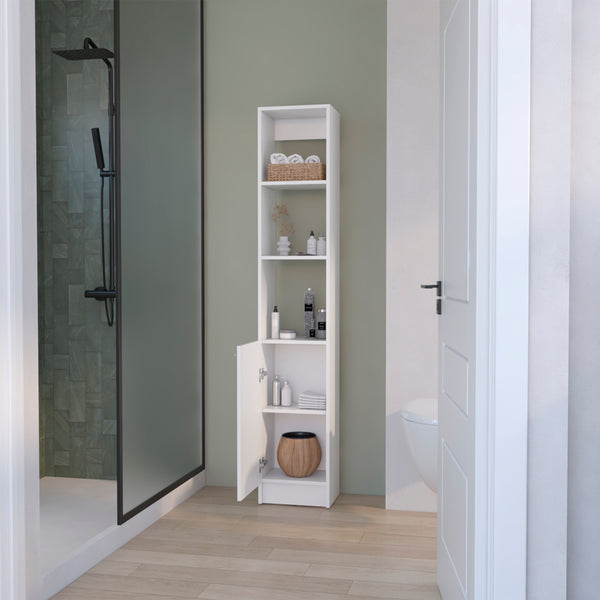 English Elm Linen Cabinet Marion White — Slim 46" Engineered Wood Bathroom Storage with Open Shelves & Concealed Door B092P191189