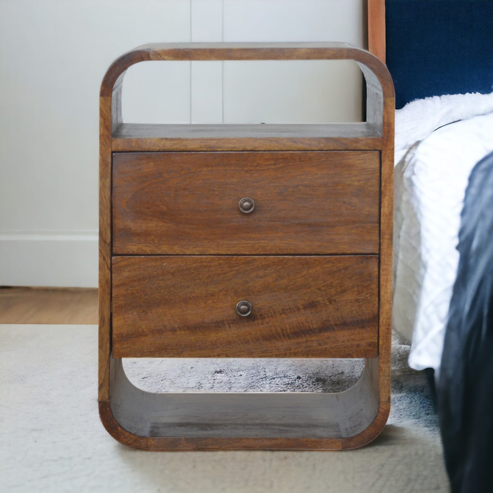 English Elm Solid Solid Wood Chestnut Curve 2-Drawer Nightstand with 2 Open Slots, Rounded Edges, Mango Wood Finish B182P233814