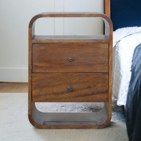 English Elm Solid Solid Wood Chestnut Curve 2-Drawer Nightstand with 2 Open Slots, Rounded Edges, Mango Wood Finish B182P233814