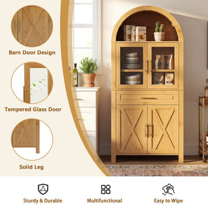 English Elm 71" Arched Glass Barn Door Pantry Cabinet Farmhouse Mdf Storage for Kitchen Dining Oak W2917S00017