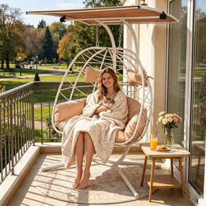 English Elm 2-person Wicker Egg Hanging Chair with Canopy Steel Stand Outdoor Patio Swing T5880P502246