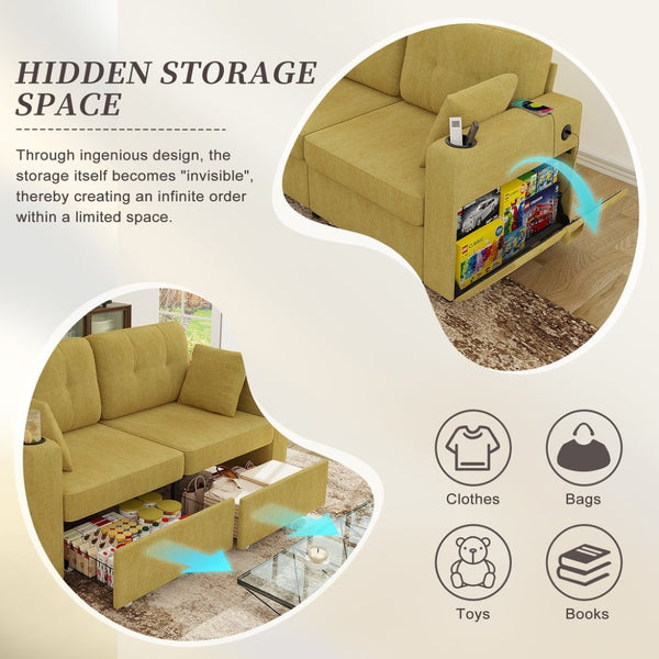 English Elm Sofas for Living Room Chenille Three Seat Couch with Usb Charging Storage and Cup Holder Mustard Yellow W395S00145