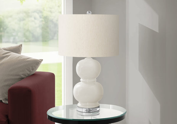 English Elm Lighting, Contemporary 25"H Ceramic Double Gourd Table Lamp on Acrylic Base with Ivory Drum Shade and 3-Way Switch Cream 16 L x 16 W x 18 H B2710P221303
