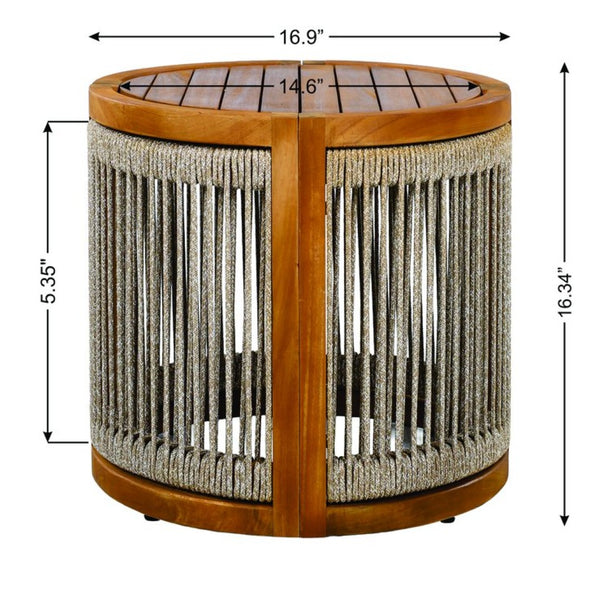 English Elm 16.9" Acacia Hardwood Outdoor Side Table with Handwoven Rope Base Boho Patio Accent N767P372781A