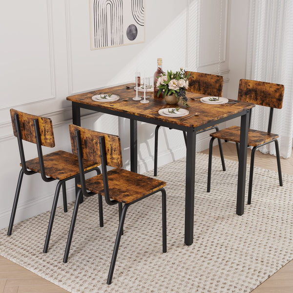 English Elm 5-Piece Modern Dining Set for Small Spaces — 43.3" MDF Top Table with Metal Frame and 4 Chairs, Easy Clean Brown W578133461