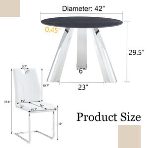 English Elm Table Set - Modern 42-Inch Round Dining Table With 6 Stylish White Chairs & Stainless Steel Legs W2920S00016-GIGA
