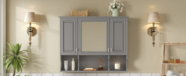 English Elm 35'' Modern Wall-Mounted Medicine Cabinet with Mirror, Hidden Storage and Open Shelves for Bath Gray N710P209443E