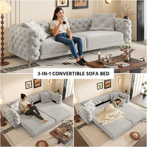 English Elm 97.6" Oversized Velvet Chesterfield Sleeper Sofa Floral Tufted Roll Arm Living Room Couch Light Grey W1885S00203