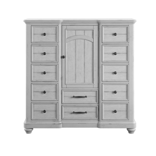 English Elm Wallace & Bay - Gray 12-Drawer Master Chest With Cabinet — Coastal Farmhouse Wood Dresser, Soft Gray Finish, 56" H B361P384422