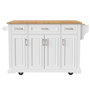 English Elm K&K 54" Farmhouse Kitchen Island with Embossed Texture, Drop Leaf, Soft-Close Drawers & Wheels White N707P195395W
