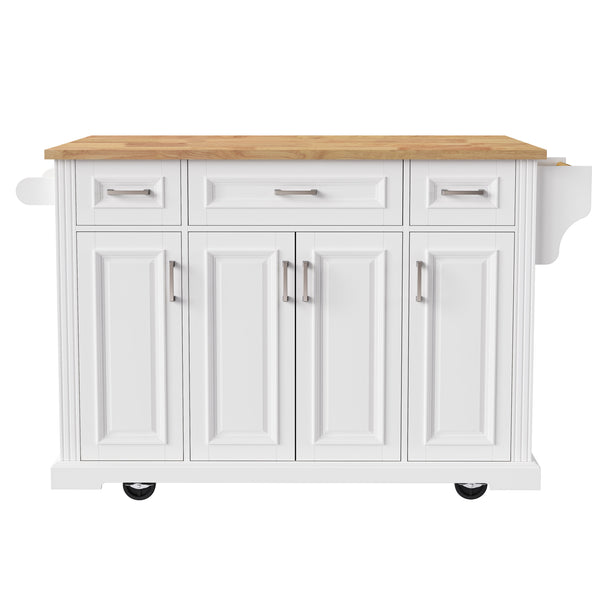 English Elm K&K 54" Farmhouse Kitchen Island with Embossed Texture, Drop Leaf, Soft-Close Drawers & Wheels White N707P195395W