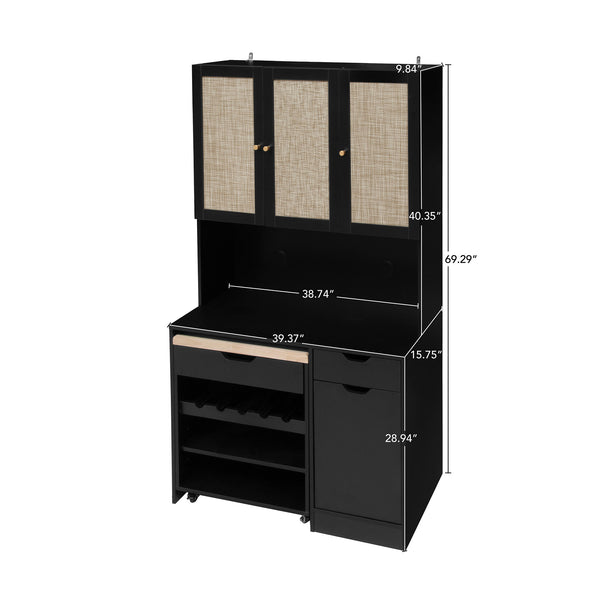 English Elm 69.29" Modern Buffet Cabinet with Cable Hole Cover, Mobile Kitchen Cart, Adjustable Shelves & Rattan Doors, Black W688S00054