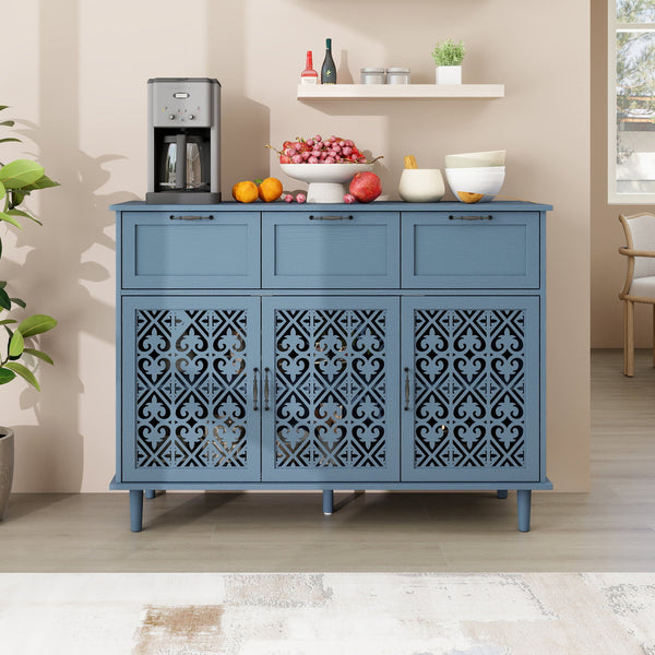 English Elm 3 Door 3 Drawer Cabinet with Smooth Slide Rails, Black Metal Handles, Adjustable Shelves, Solid Wood Feet Blue W688124215