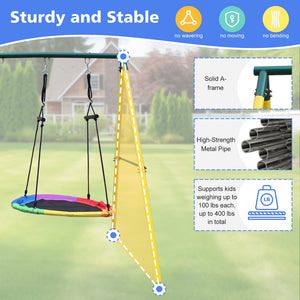 English Elm 4 in 1 Kids Outdoor Swing Set Steel A-frame with Climbing Net and Basketball Hoop W1408P169751