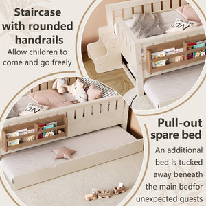 English Elm Twin Kids Platform Bed with Trundle Staircase Bookshelf and Rounded Safety Rails Beige W1580S00556