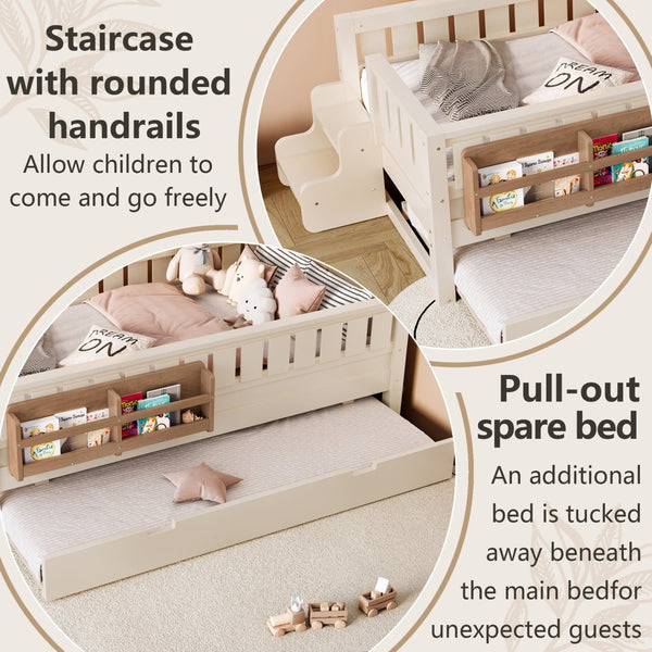 English Elm Twin Kids Platform Bed with Trundle Staircase Bookshelf and Rounded Safety Rails Beige W1580S00556