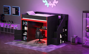English Elm Gaming Full Loft Bed with Built-in Desk Led Lights and Storage for Teen Rooms N709P004103J