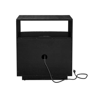 English Elm Mid Century Modern nightstand with USB charging, louver drawers, open shelf and hidden cord storage Black W1801P303391