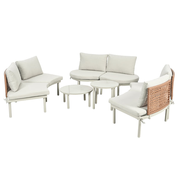 English Elm TOPMAX 8-Piece Patio Sofa Set with Modular Half-Moon Sectionals, Tempered Glass Tables, Cushioned Komfort Beige SP100029AAA