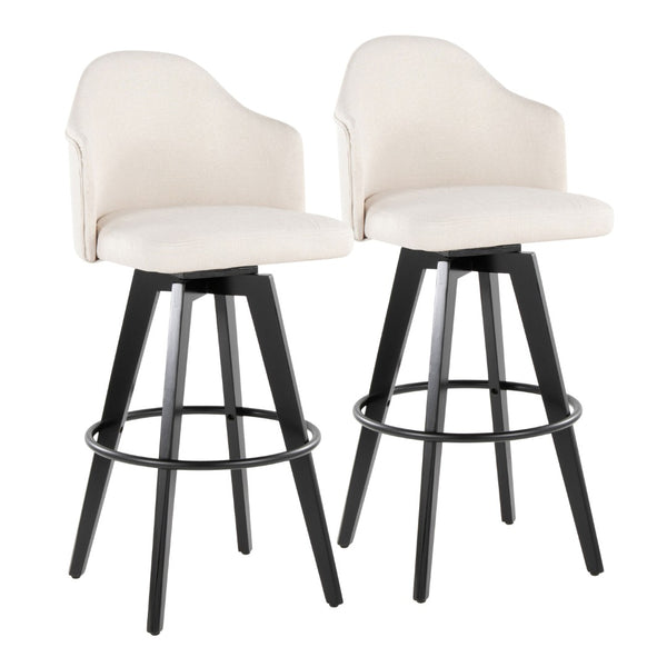 English Elm Fixed-height Swivel Barstools Upholstered Grey Fabric Black Wood Legs Kitchen Set of 2 Cream B202S01868
