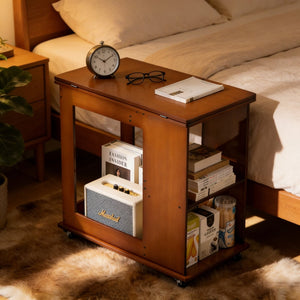 English Elm Bamboo Folding Side Table with Integrated Storage for Bedroom or Sofa Spaces W2641P454908