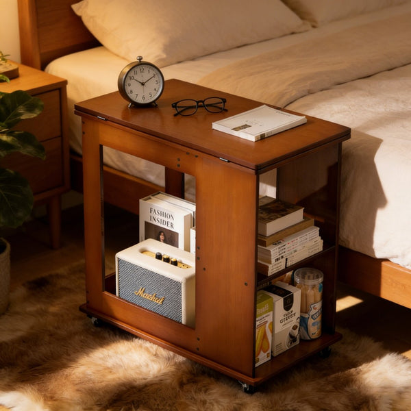 English Elm Bamboo Folding Side Table with Integrated Storage for Bedroom or Sofa Spaces W2641P454908