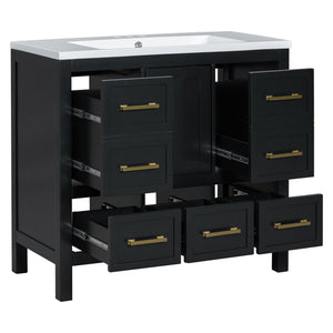 English Elm 36'' Bathroom Vanity with Resin Sink, Solid Wood Frame, 5 Drawers, Soft-Close Doors, Gold Knobs, Spacious Storage Black SW000142AAB-1