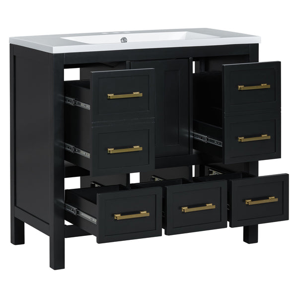 English Elm 36'' Bathroom Vanity with Resin Sink, Solid Wood Frame, 5 Drawers, Soft-Close Doors, Gold Knobs, Spacious Storage Black SW000142AAB-1