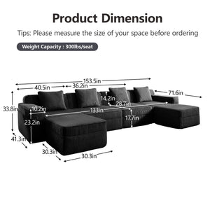 English Elm Modular U-Shaped 4-Seat Sectional Sofa With Movable Ottomans & Plush Pillows, Cloud-Like Comfort W3041S00329