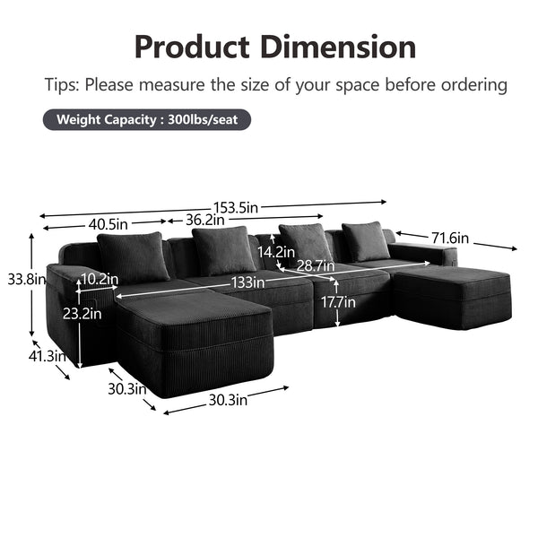 English Elm Modular U-Shaped 4-Seat Sectional Sofa With Movable Ottomans & Plush Pillows, Cloud-Like Comfort W3041S00329