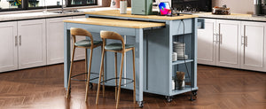 English Elm K&K 47 Inch Kitchen Island with Extendable Dining Table, Rolling Storage Cabinet, Built-In Power Grey+Blue N707P215327G