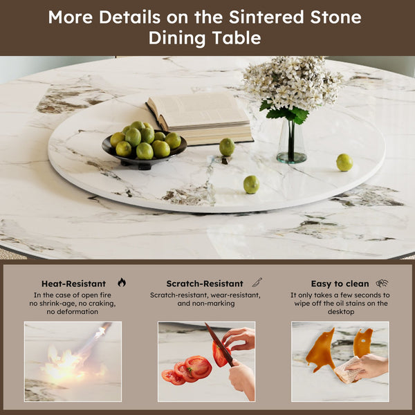 English Elm 59" Round Dining Table With Luxurious Rotating Lazy Susan & Heat-Resistant Stone Top For 6 Guests W2699S00047