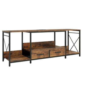 English Elm There TV Stand with LED Lights, Power Outlets & 2 Fabric Drawers for 55-75" TVs, App-Controlled Ambience and Ample Storage Light Brown Multi W2977P224347