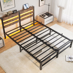 English Elm Queen Metal Bed Frame with Wooden Headboard, Built-In USB Charging, RGB App Lights, Storage Shelf, 10.6" Clearance, Noise-Free, Rustic Finish Beige+Brown W840P209904