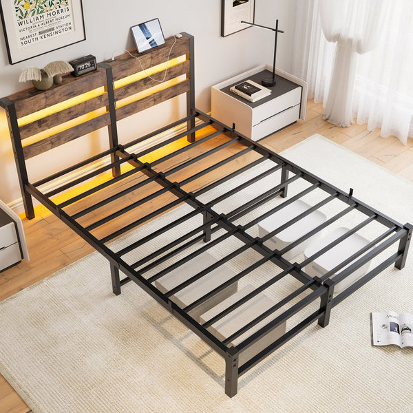 English Elm Queen Metal Bed Frame with Wooden Headboard, Built-In USB Charging, RGB App Lights, Storage Shelf, 10.6" Clearance, Noise-Free, Rustic Finish Beige+Brown W840P209904