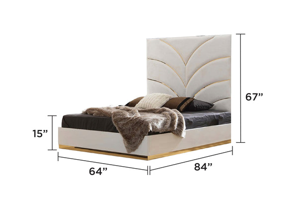 English Elm Laura Queen Velvet Upholstered Bed with Gold Geometric Metal Base, Tufted Headboard, Luxury White Finish B009S00901