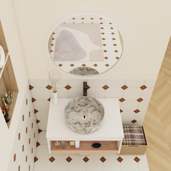 English Elm 30" Floating Wall Mount Bathroom Vanity Open Shelf Ceramic Vessel Sink Modern White Grey+White,White + Light Oak W3450S00059