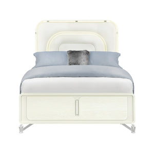 English Elm Nora Solid Wood King Bed with LED Headboard, Contemporary Geometric Legs and Rounded Edges Beige 71.85 L x 20.12 W x 5.91 H B201S00445