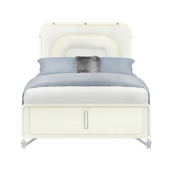 English Elm Nora Solid Wood King Bed with LED Headboard, Contemporary Geometric Legs and Rounded Edges Beige 71.85 L x 20.12 W x 5.91 H B201S00445
