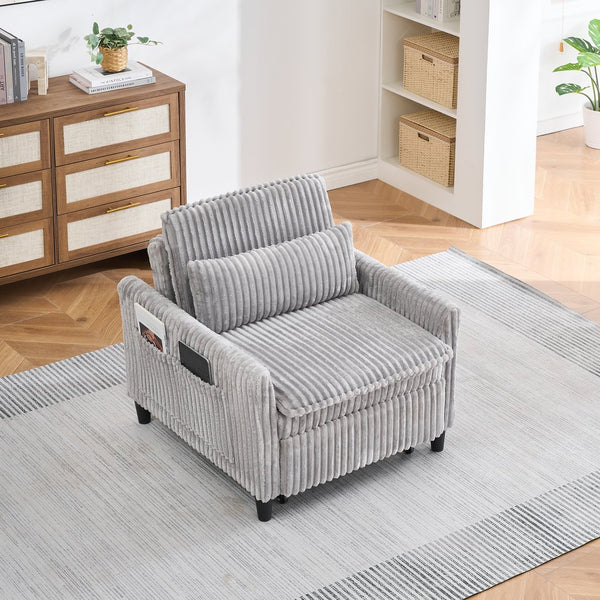 English Elm Grey Corduroy Compact Sofa Bed for Small Apartments, Bedroom or Balcony — Solid Wood Frame, Sponge Cushion, Black Plastic Legs W1658P290467