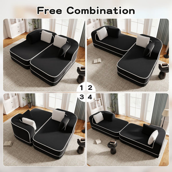 English Elm 77.2" Teddy Fabric Modular Sectional Sofa with Plush 32D Sponge, No Assembly, Cloud Comfort Black W714S01428